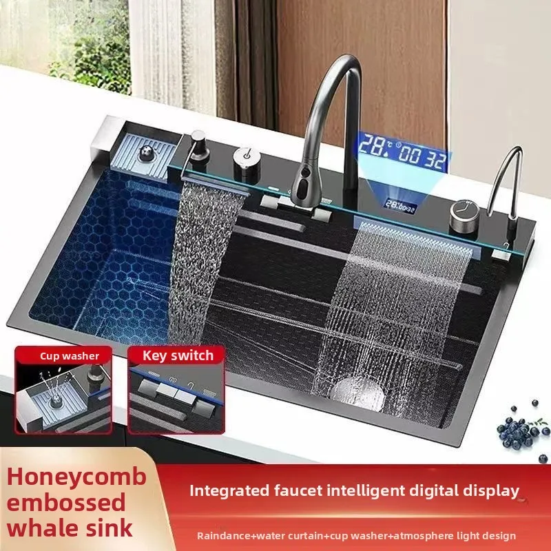 

Кухонная мойка с водопадом, один бак, цифровой дисплей, нано-многофункциональная посудомоечная раковина из нержавеющей стали