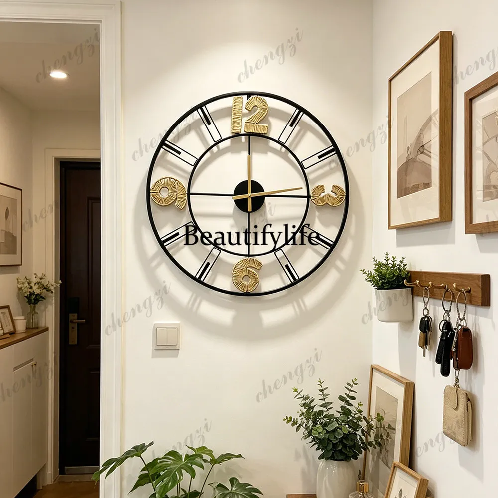 Nordic light luxury black iron + rattan art round wall clock, three-dimensional, living room entrance wall decoration clock