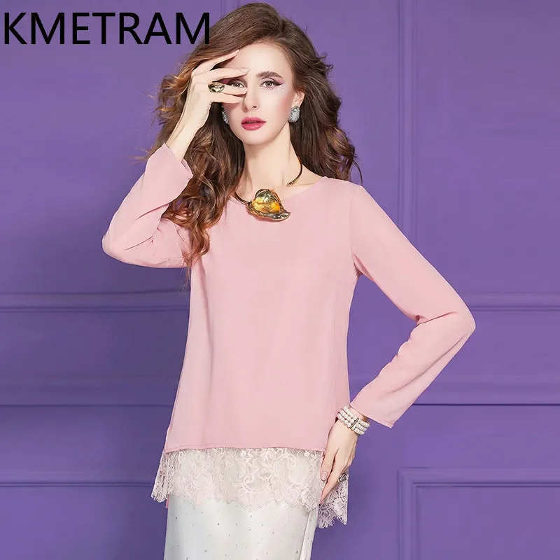 KMETRAM Elegant Lace Hem Women T Shirts O-Neck Lightweight Ladies Tops Long Sleeve Casual Summer T Shirt Woman Clothes 2026 топ