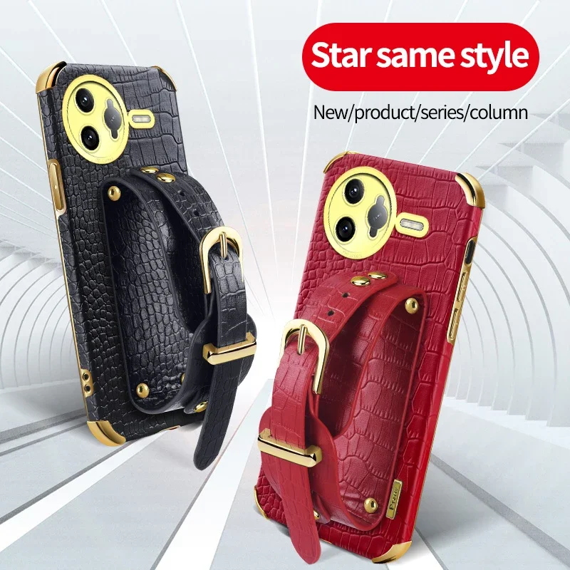 

Shockproof Wristband Strap Holder Cover Cases for Redmi K80 Pro Crocodile Leather PU Silicone Protect Anti-Drop Soft Phone Case