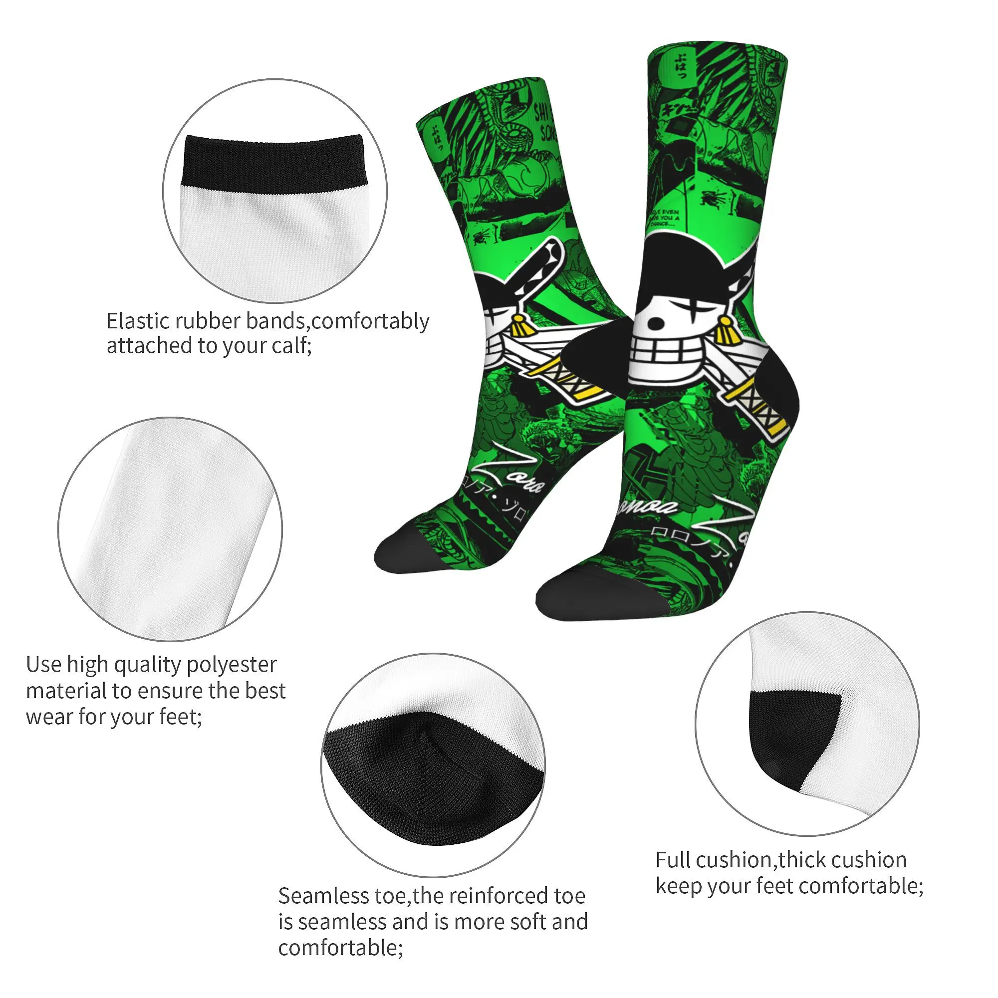 Funny Roronoa Zoro Anime Manga Basketball Socks One Piece Polyester Crew Socks for Unisex Non-slip