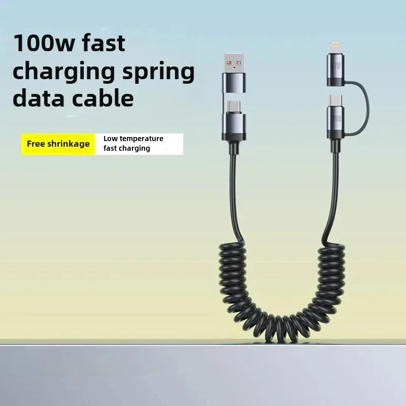 

100W Dual Drag Spring Data Cable USB Type C For iPhone 16 Huawei Samsung S25 6A Extendable Four-In-One USB C Fast Charging Cord