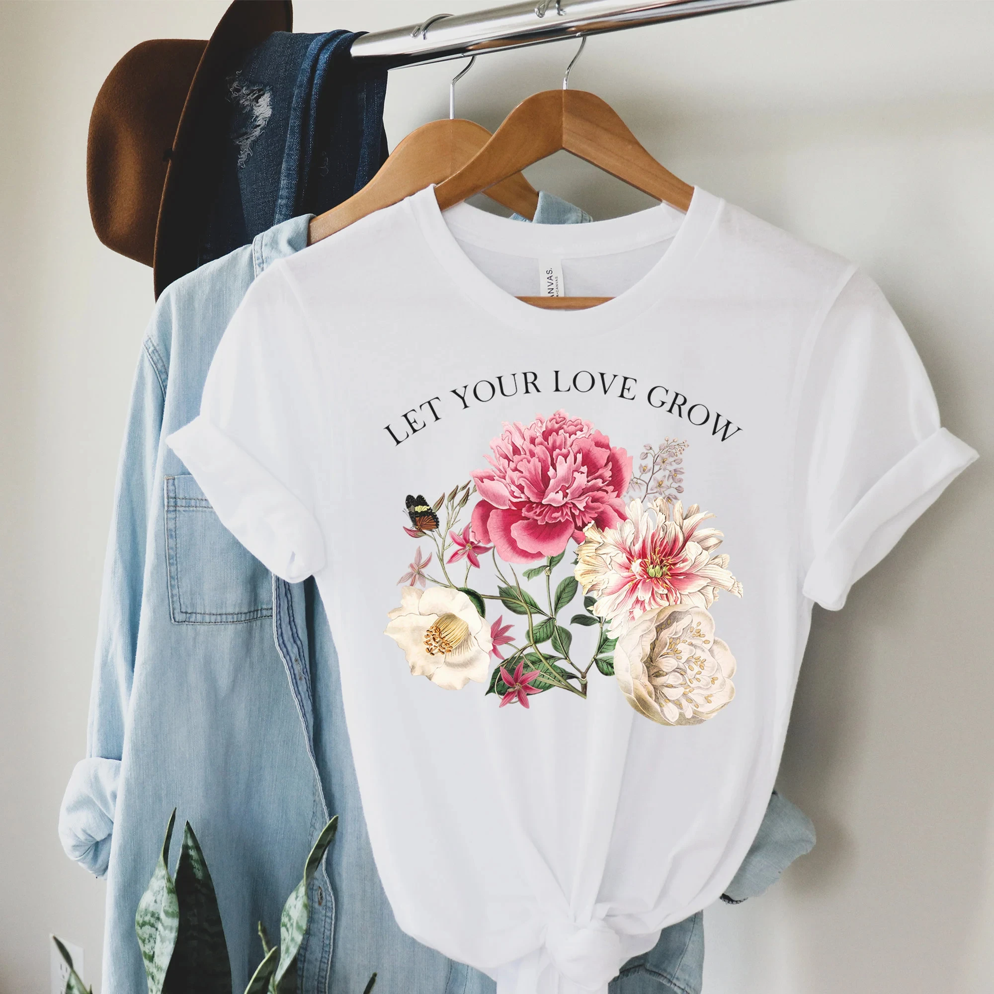 Let Your Love Grow Slogan Women T-shirt Vintage Noble Elegant Rose and Butterfly Print Female Shirt New Trend Casual Girl Tee