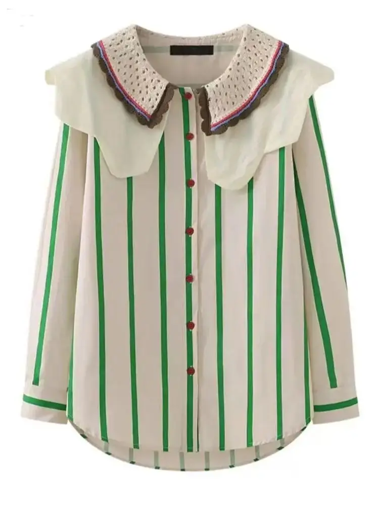 חדש ב 2024 פס חולצות וחולצה רקמה תחרה חלול את צווארון העליון בלוסאס נשים פופולרי