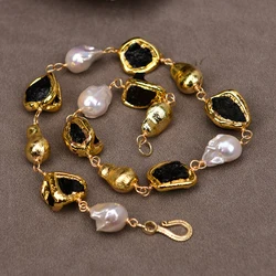 GG Cultured White Baroque Pearl Gold Edge Plated Natural Black Tourmaline Nugget Brushed Beads Necklace Bracelet Earrings Sets