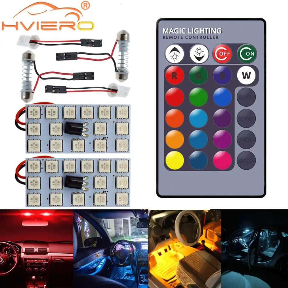 

2pc Car Leds T10 5050 12SMD 15SMD 24SMD 36SMD Remote Control RGB Panel Reading Dome Festoon BA9S Adapter 12V Interior Auto Light