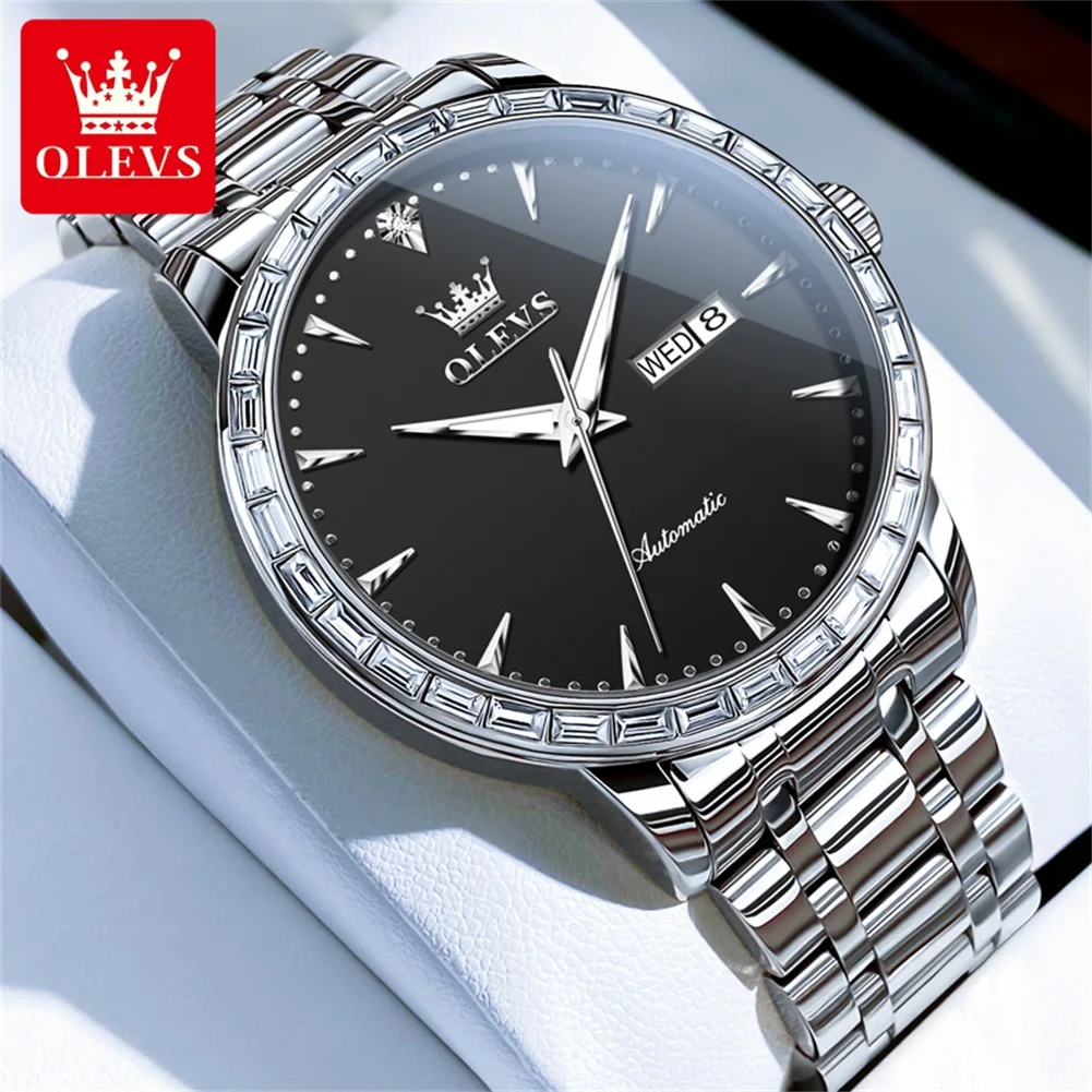 

OLEVS 7019 мужские часы минималистичный роскошный роскошный бриллиантовый ободок двойной календарь светящиеся водонепроницаемые автоматические механические часы для мужчин