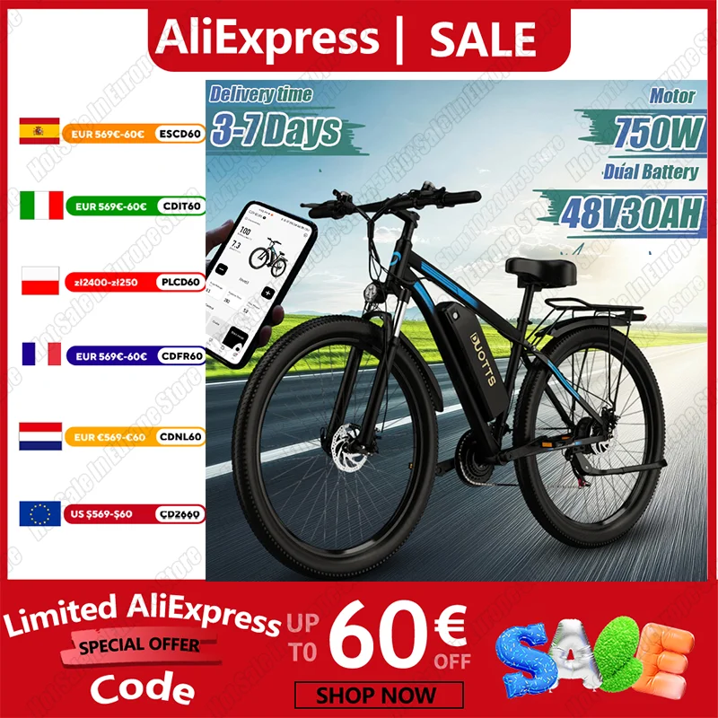 Duotts C29 Elektrische Fiets 750W Borstelloze Motor 48v30ah Dubbele Lithiumbatterij Aldult