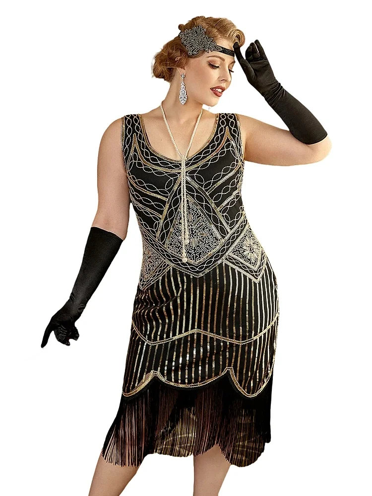 Women Party Dress 1920s Great Gatsby Flapper Dress V Neck Sleeveless Embellished Sequin Beaded Fringe Dress Vestidos