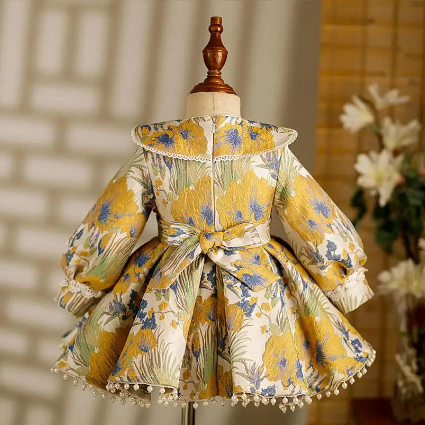 2023 New Children Boutique Princess Evening Gown Lace Bow Pearls Design Wedding Birthday Baptism Eid Party Girls Dresses A3190