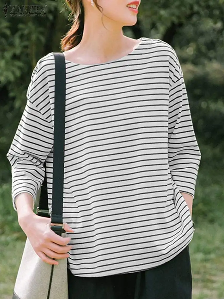 

Summer Elegant Causal Holiday Shirt Women Fashion Striped Blouse ZANZEA Female O Neck 3/4 Sleeve Tuic Tops Casual Loose Blusas