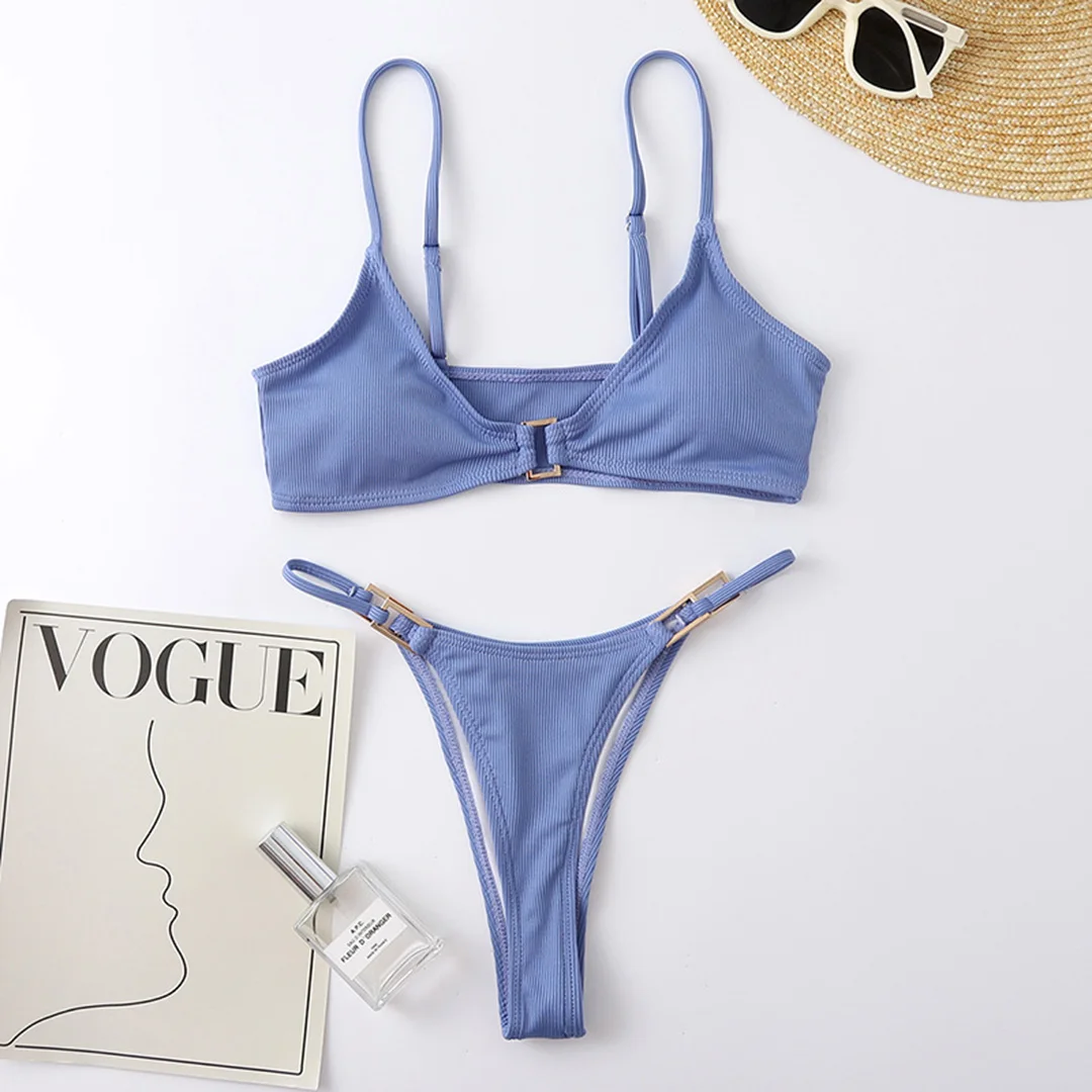 Sexy, gerippter, hoch geschnittener Bikini, Damen-Badeanzug, zweiteiliger Bikini mit Polsterung, Badebekleidung, Badeanzug, Damen-Bikini V7111 – Detail 28