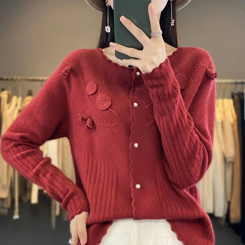 Women\'s Cardigan Autumn/Winter 100% Pure Wool Sweater Casual Knitted Sweater Round Neck Loose Tops All-match Applique Blouse