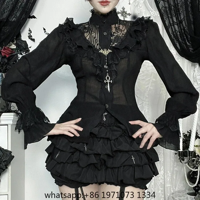 Goth Dark Lace Hollow Patchwork Single Breasted Shirt Blouses Women Fashion Outfits Mall Goth Flare Sleeve Shirts Tops Halloween