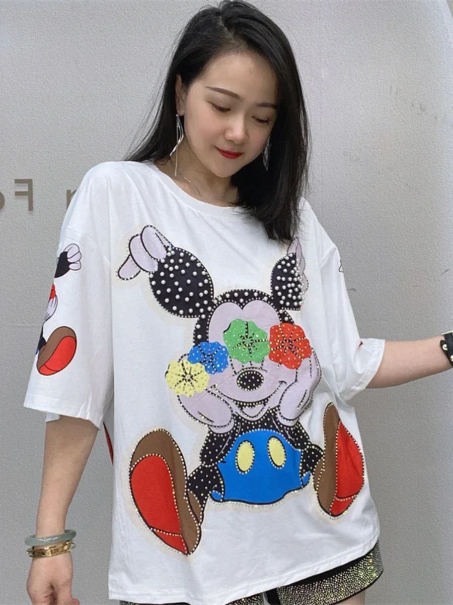 2023 Spring Summer New Round Neck Pullover Cartoon Print Top Women\'s Heavy Industry Beads Rhinestone Loose Short Sleeve T-shirt