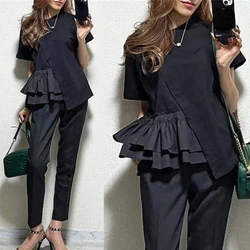 New Short Sleeve Tshirts Women Ruffles Patchwork Asymmetrical Fashion T Shirts High Street Casual All-match Tops