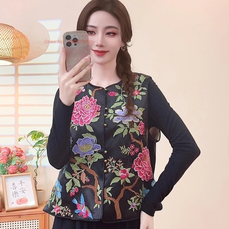 

2026 chinese vintage vest o-neck folk vest national flower embroidery satin vest traditional ethnic vest retro sleeveless jacket