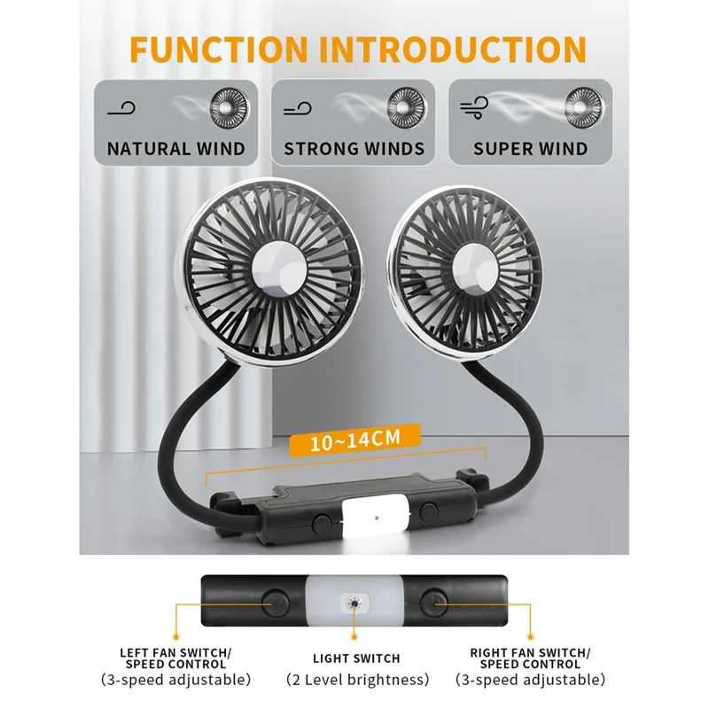 Car Fan For Backseat, Dual Head Hose Car Seat Fan With Led Lights, Portable USB Fan For Car, 3 Speeds Cooling Car Fans