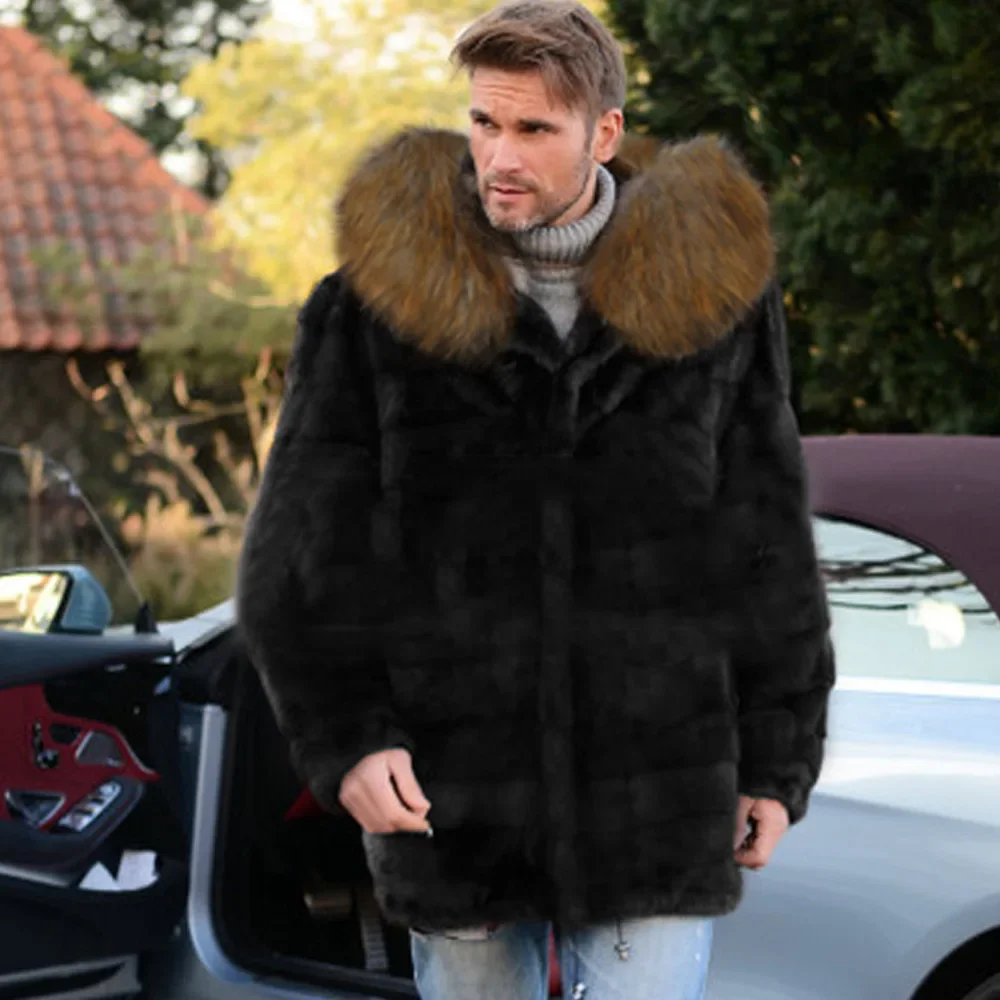 Mens Imitation Fox Fur Coat Artificial Men's Warm Autumn Winter Cold Resistance Mid-Long Black Casual Faux Fur