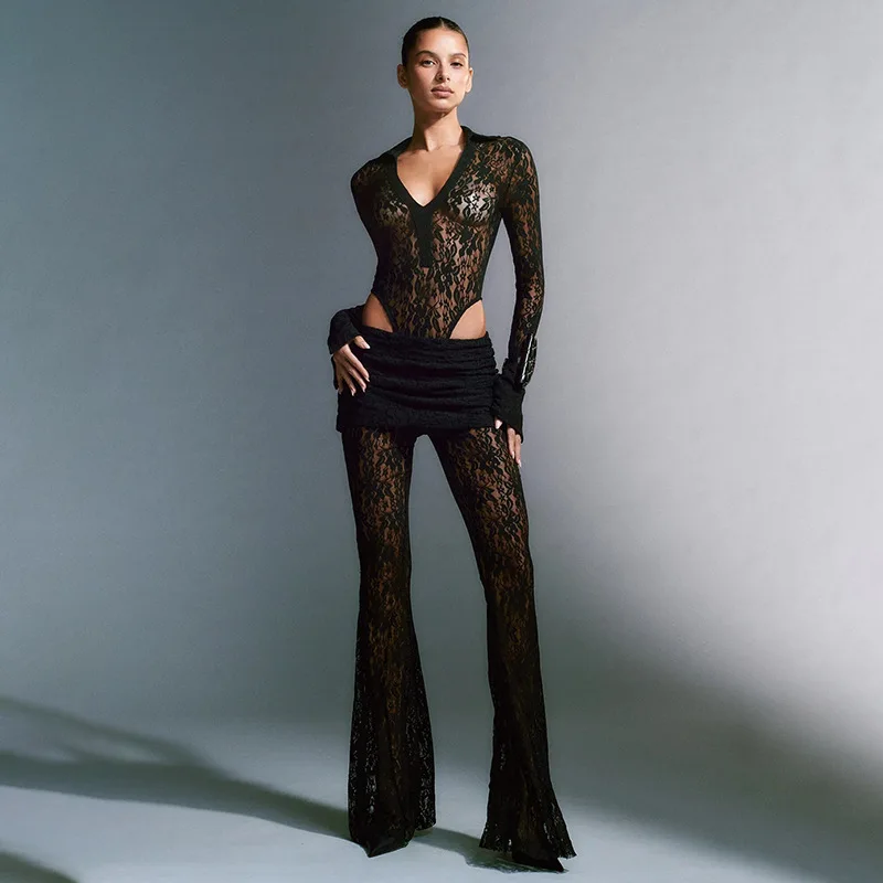 

See Through Lace V neck Long Sleeves Bodysuit Jumpsuit Sexy Women Pants Lace High Waist Pant Female Elegant Slim Flared Trousers