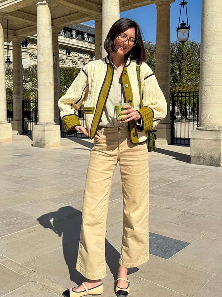 

Fashion Cotton Contrast Color Patchwork Short Coats Woman Thicken Long Sleeves Single Breasted Jackets New Lady Autumn Outerwear