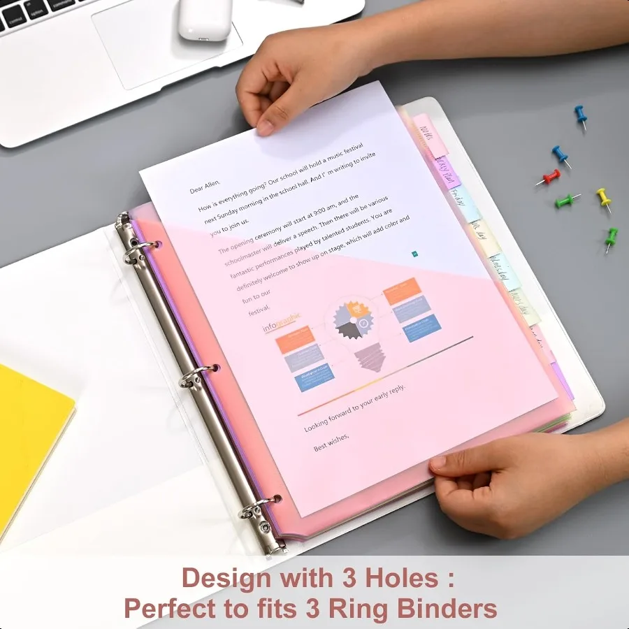 8탭 바인더 디바이더, 2포켓 인덱스 포켓, 3링 바인더용, 8가지 파스텔 색상, US 레터 사이즈, 2팩, 16개입