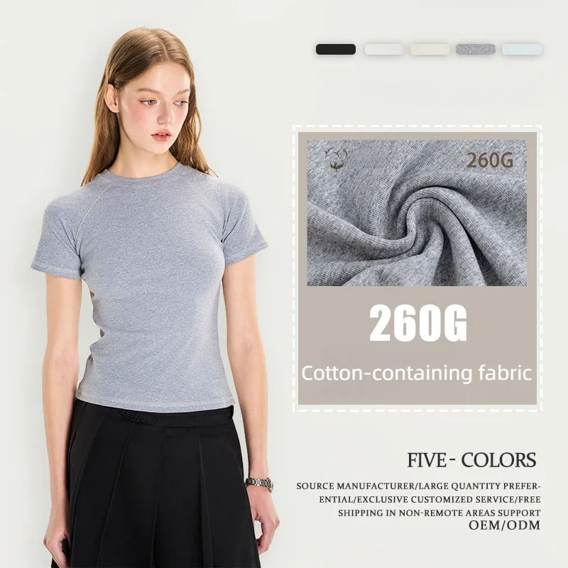 T-shirt da donna con collo semi alto da 260 g, nuovo articolo estivo 2025, camicia inferiore con strato interno tinta unita, camicia a maniche corte