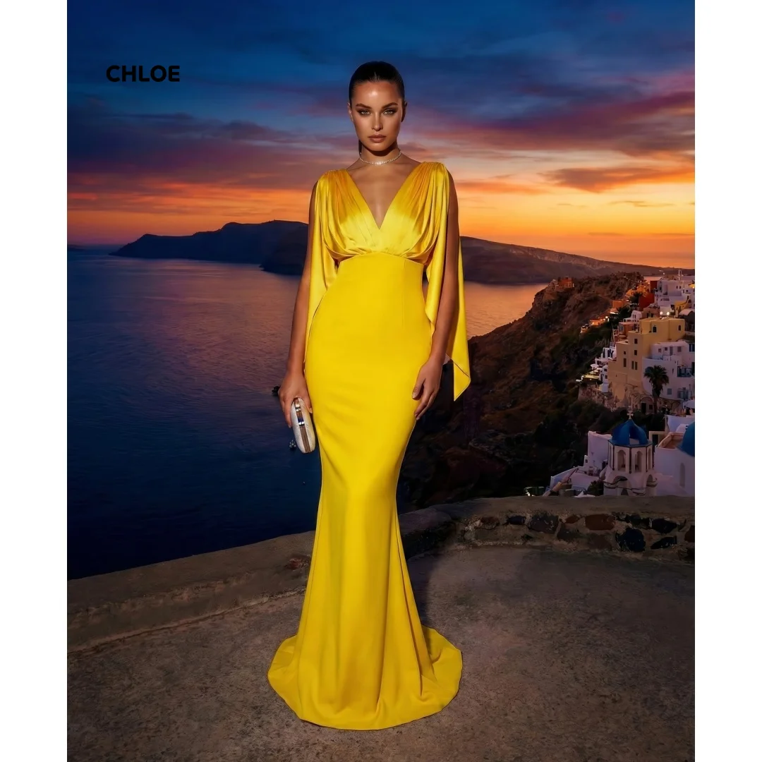 

Customized Elegant Dresses Woman for Evening Party Yellow Luxury Women's Elegant Party Dress V-neck Sleeveless Mermaid Luxurious