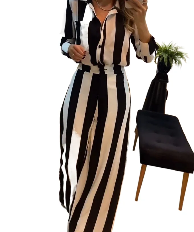 

Fashion Striped Print Suit For Women Elegant Lapel Single Breasted Shirt Straight Trousers 2 Piece Set 2024 Autumn New