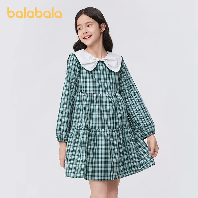 Balabala Children Dress Girls 2024 Spring New Style College Wind Doll Collar Big Kids Stylish Sweet Exquisite Grid Dress