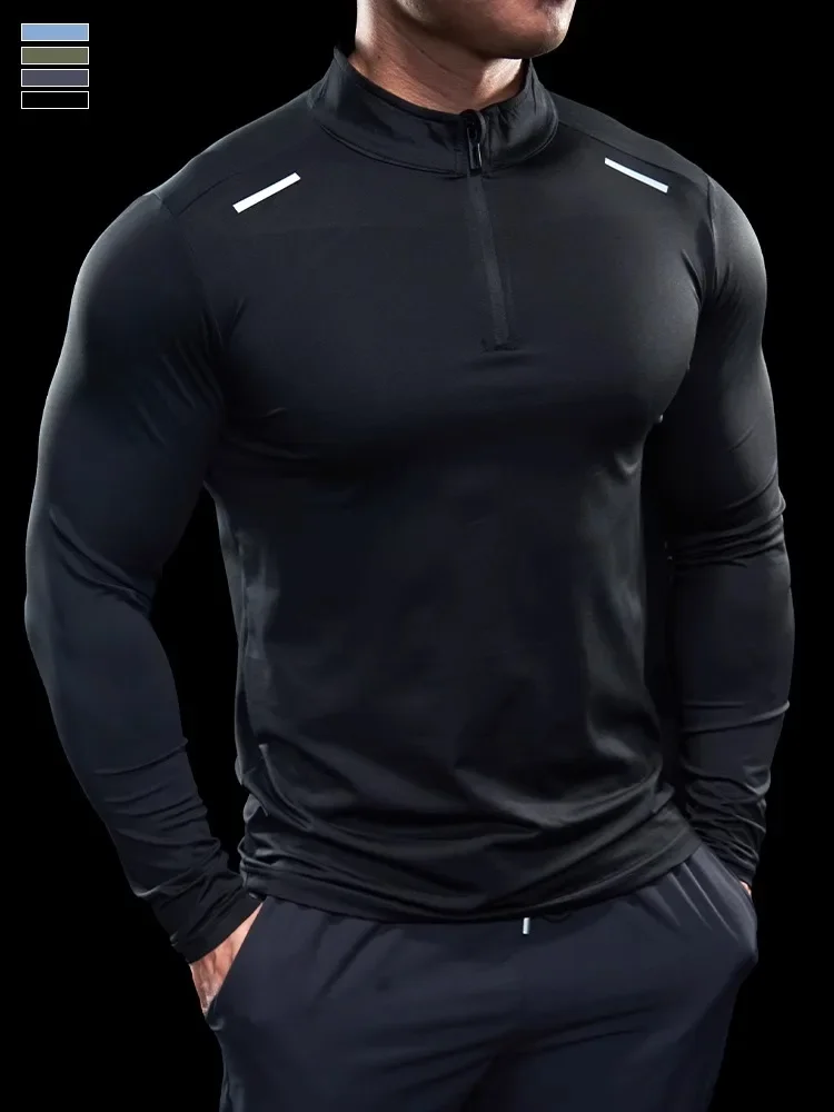 Men Stand Collar Zipper T-shirt Gym Running Training Fitness Bodybuilding Sport Top Quality Elastic Long Sleeve Tight Tops Tees