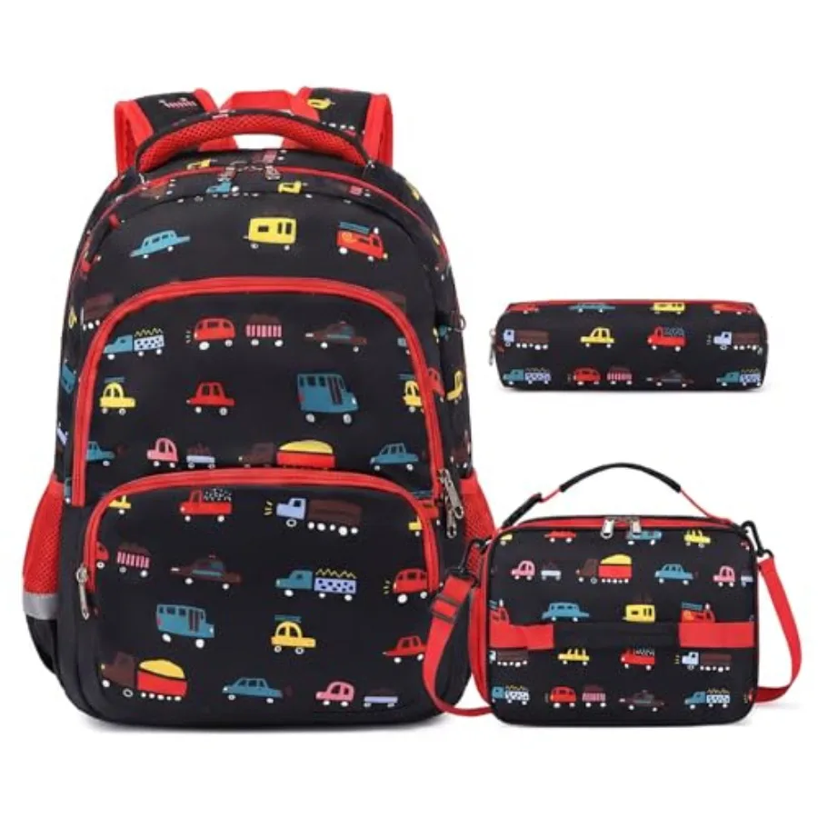 

3PCS Backpack Set - Waterproof Bookbag with Lunch Box for Boys Ages 3-12, Adorable toon Prints for School and Outdoor Use