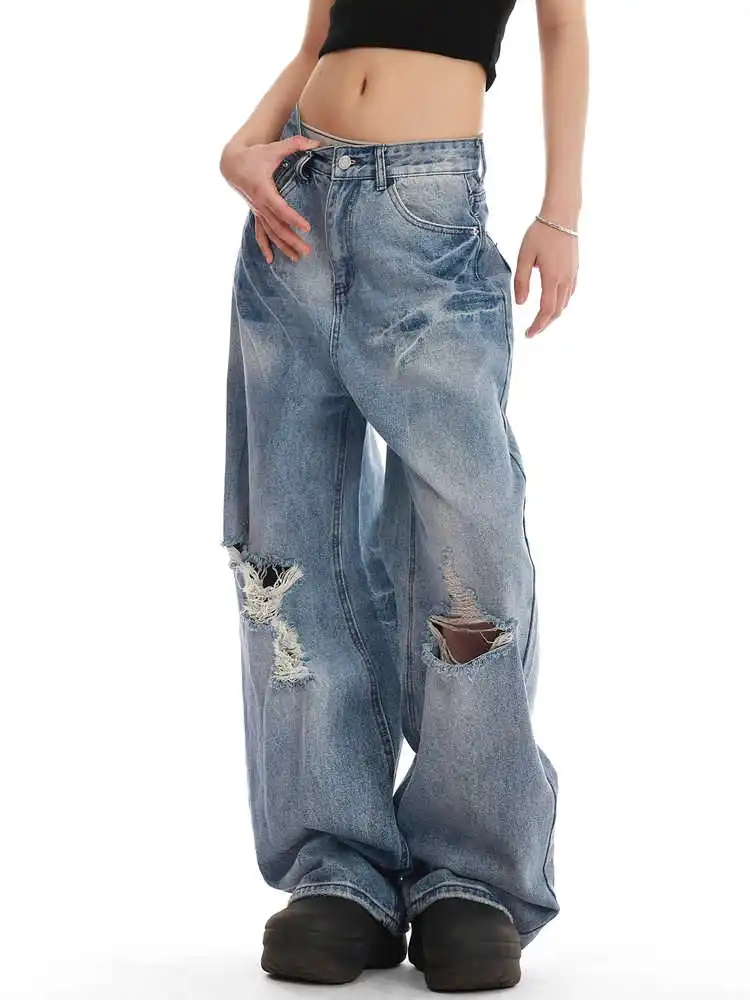 

Women Blue Y2k Baggy Ripped Jeans Harajuku Vintage Oversize Grunge Denim Trousers Japanese 2000s Style Hip Hop Jeans Pants 2025