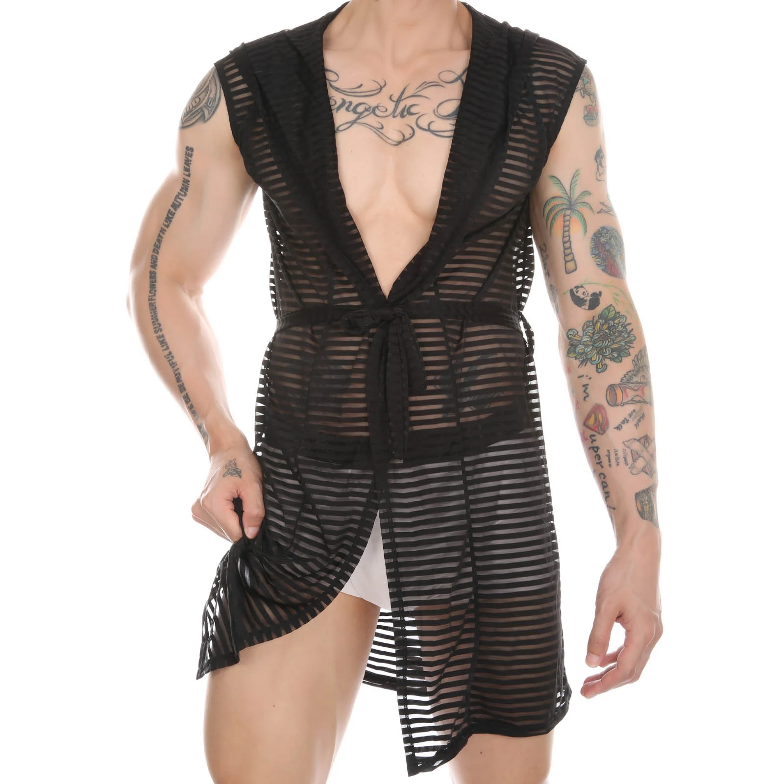 2023 Mens See-Through Striped Hooded Robe with Belt Solid Color Sleeveless Open Front Loose Loungewear for Swimming Pool Bedroom