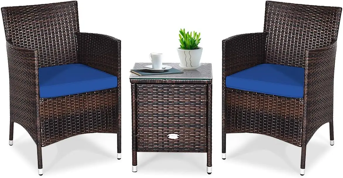 Wicker Patio Furniture Set 3 Piece, Small Outdoor Table & Chairs Set with Cushions, All-Weather Rattan Conversation Bistro Set f