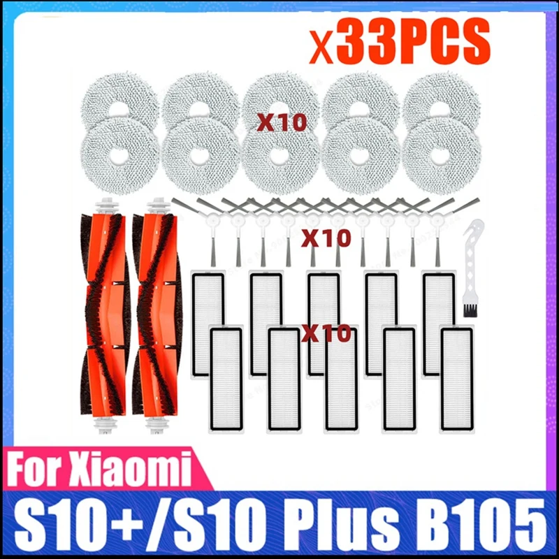 Kit de piezas para Robot aspirador Xiaomi S10 + / S10 Plus B105, cepillo lateral principal, filtro Hepa, mopa, trapo, piezas de tela, 33 unidades