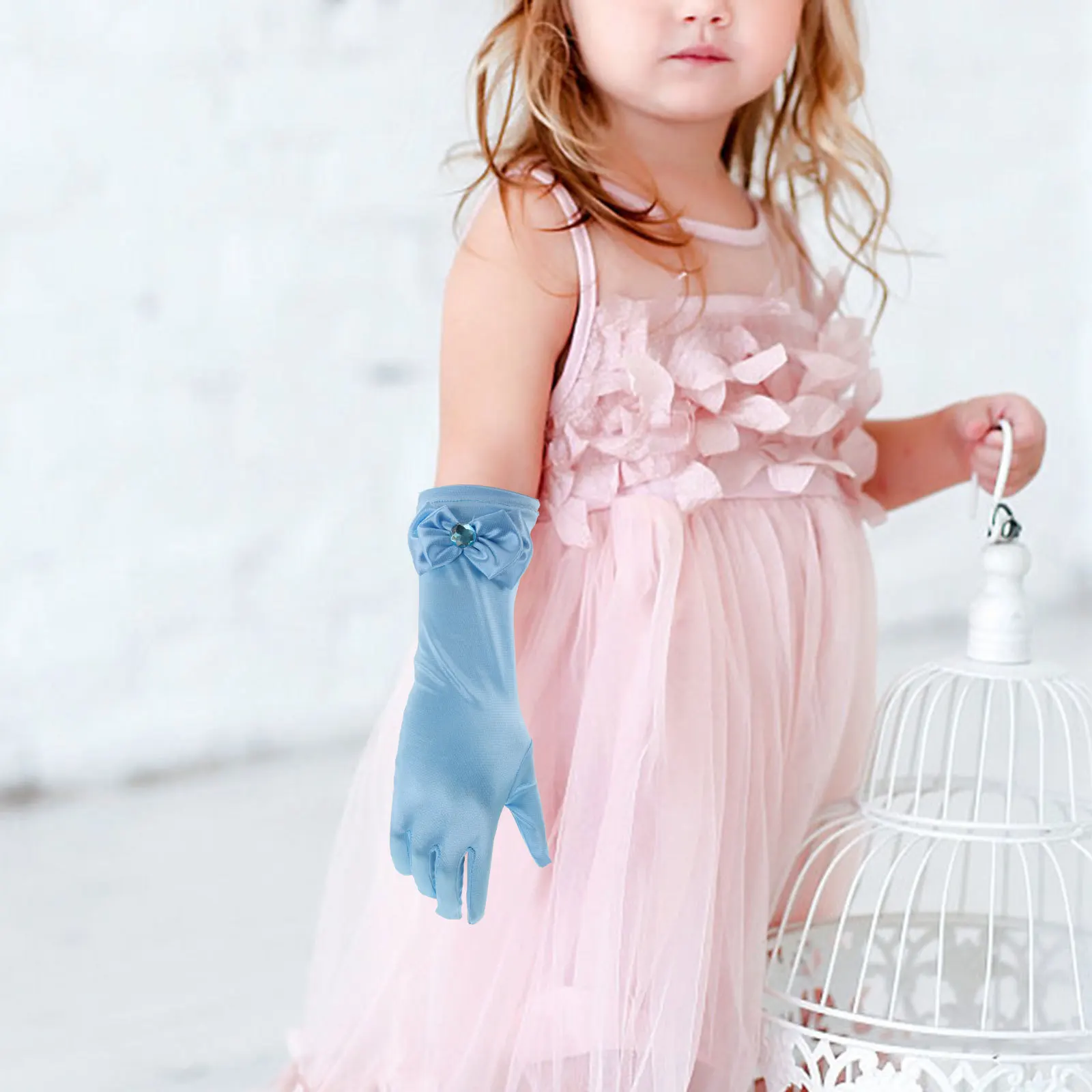 

1Pair Butterfly Knot Gloves Satin Long Finger Kids Dress Gloves for Flower Girl Wedding Party Performance Cosplay Formal Event