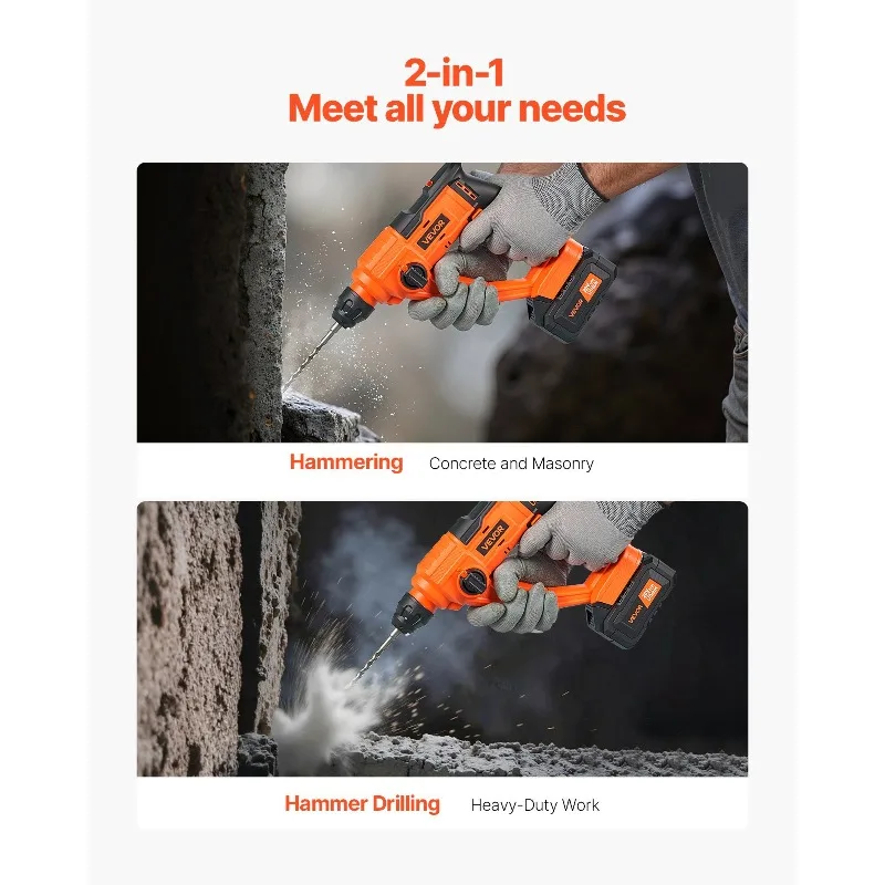 20V SDS-Plus Cordless Rotary Hammer Drill Kit 0.6-Inch 1000RPM 2 Functions