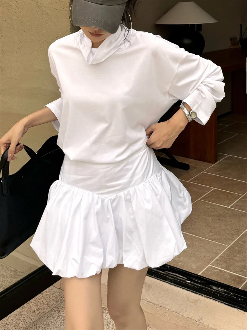 PLAMTEE New Fashion Solid T-Shirts Women Daily Loose Spring Full Sleeve Tees High Waist 2025 Slim New Mini Skirts High Street