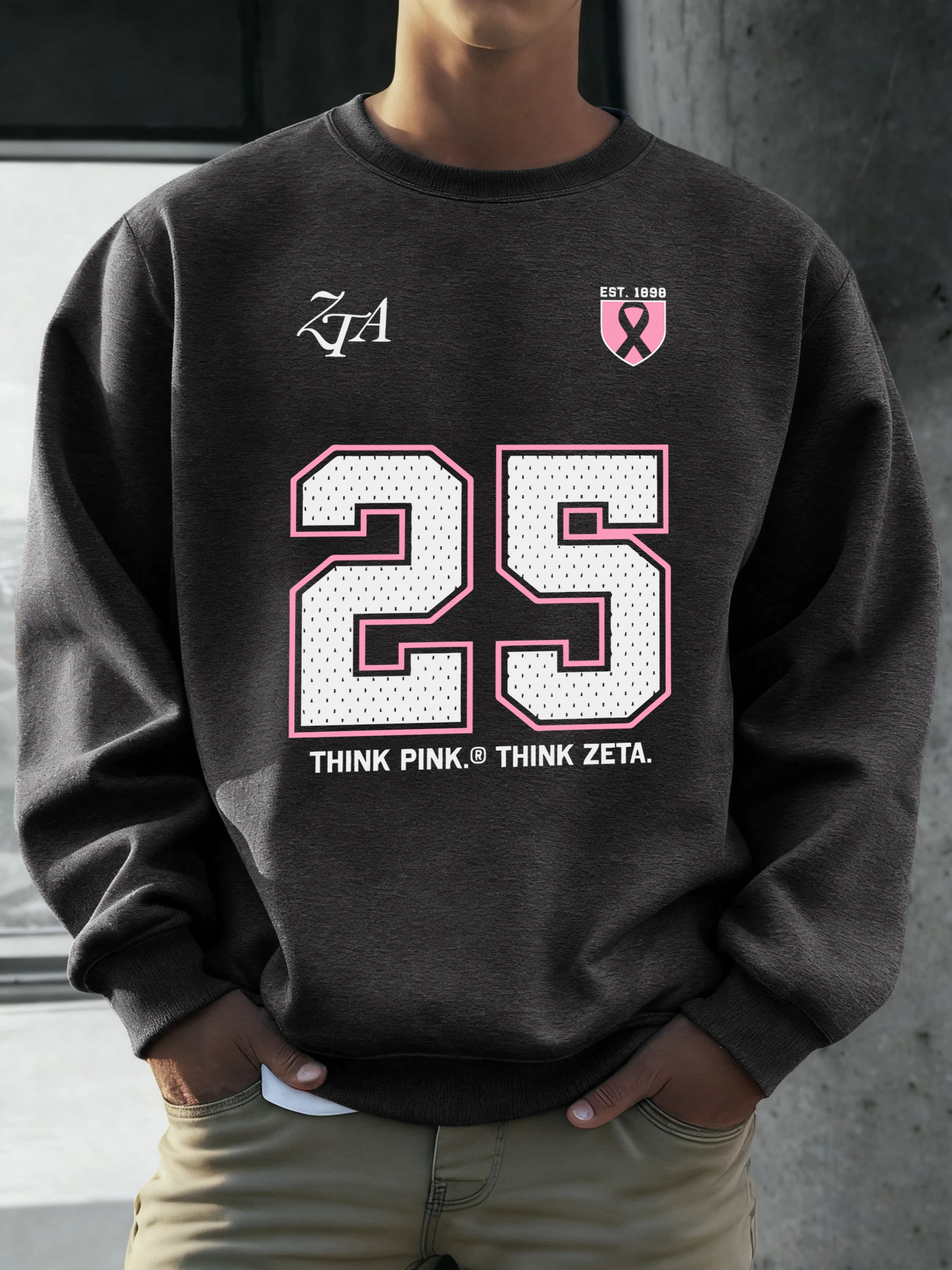 

Мужская толстовка Think Pink Think Zeta Number 25 с принтом, уличный повседневный пуловер, свободный флисовый свитшот с длинными рукавами, модная уличная одежда
