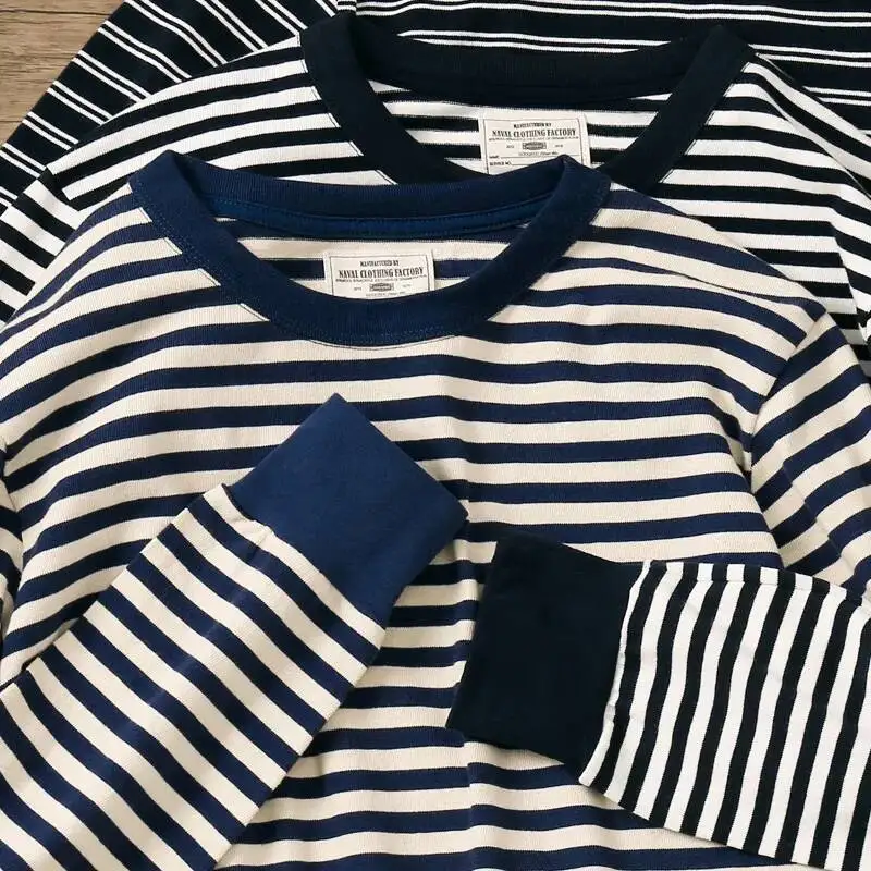 Nautical Stripe Long Sve T-irt Men's Heavyweight Pure Cotton Autumn Winter Trendy Vintage Sailor Striped Top