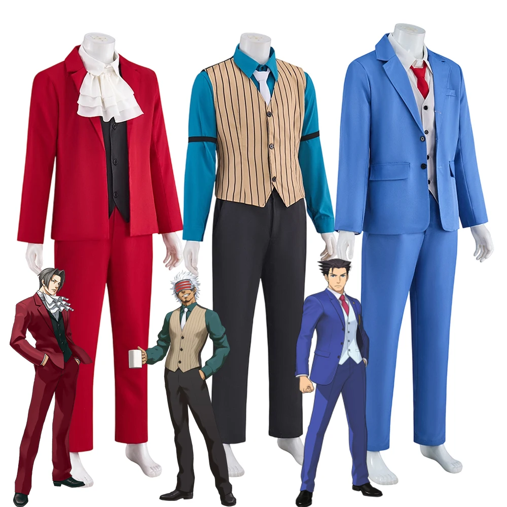 

Game Ace Attorney Cosplay Godot Phoenix Wright Miles Edgeworth Costume Disguise Prosecutor Uniform Halloween Gentleman Suit