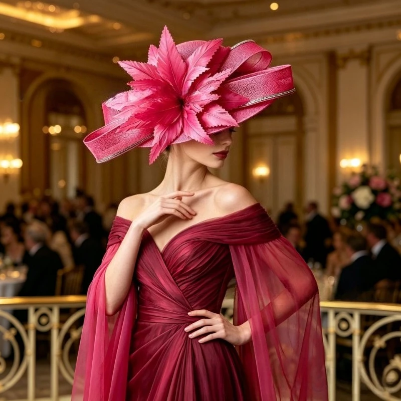 Women's European Style Linen Wide Brimmed Hat Elegant Banquet and Horse Racing Headwear Church Stage Performance Hair Accessorie