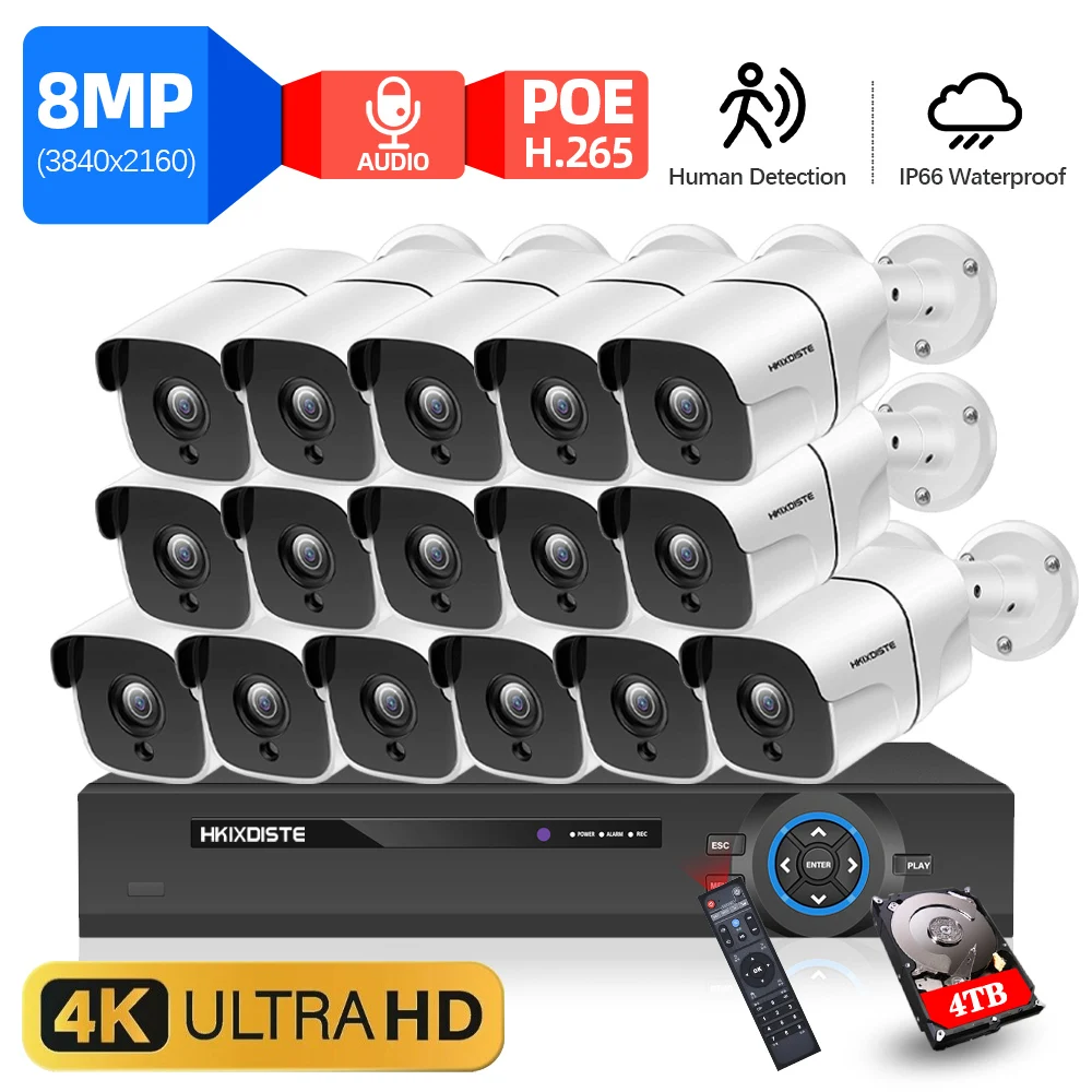 HKIXDISTE 16CH NVR 8MP Bullet POE IP Camera NVR Kit Outdoor Security System Motion Detection Weatherproof H.265 4K Output P2P