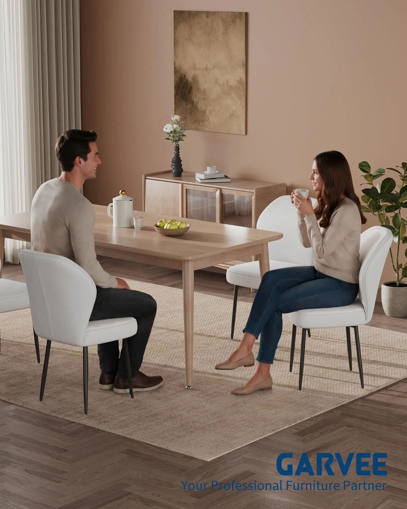 Set of 2 Modern Dining Chairs - Upholstered Linen Seat - Sturdy Metal Frame for Kitchen or Dining Room - Comfortable & Stable - Perfect for Apartments or Small Spaces - Neutral Decor