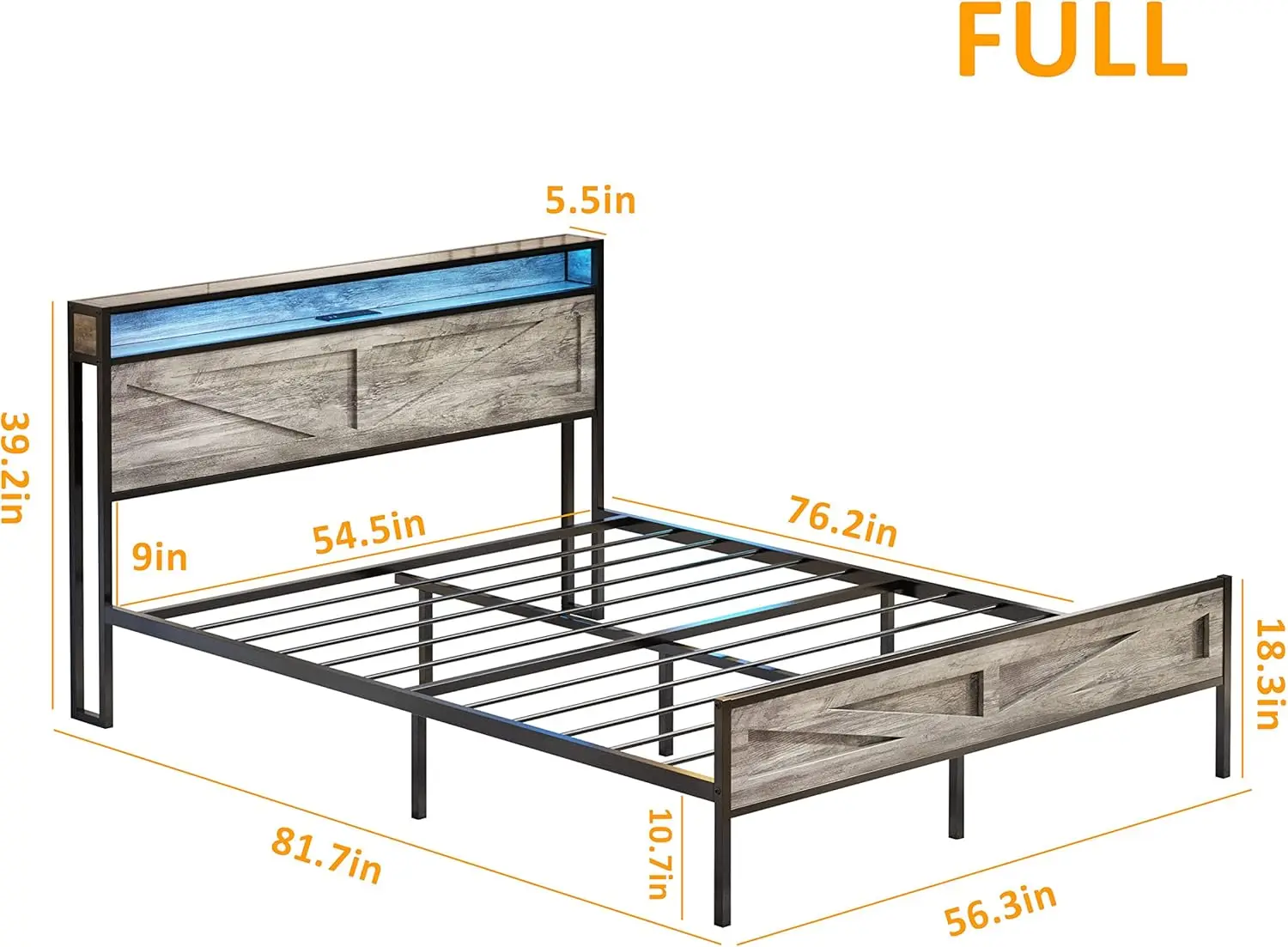 Full size bed frame, platform metal headboard storage and USB port socket, bedroom farmhouse light, noise free, ash washing