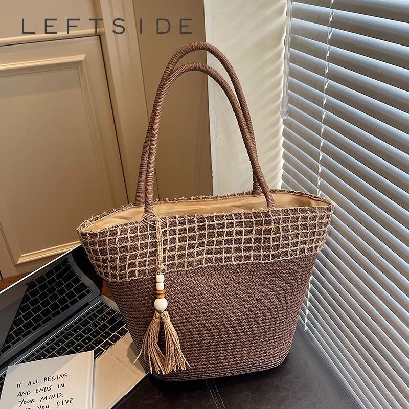 

LEFTSIDE Women'sWoven Straw Tote Bag Tassel Charm Detail Summer Vacation Beach Daily Shopping Shoulder Bag 2026 New Handbags