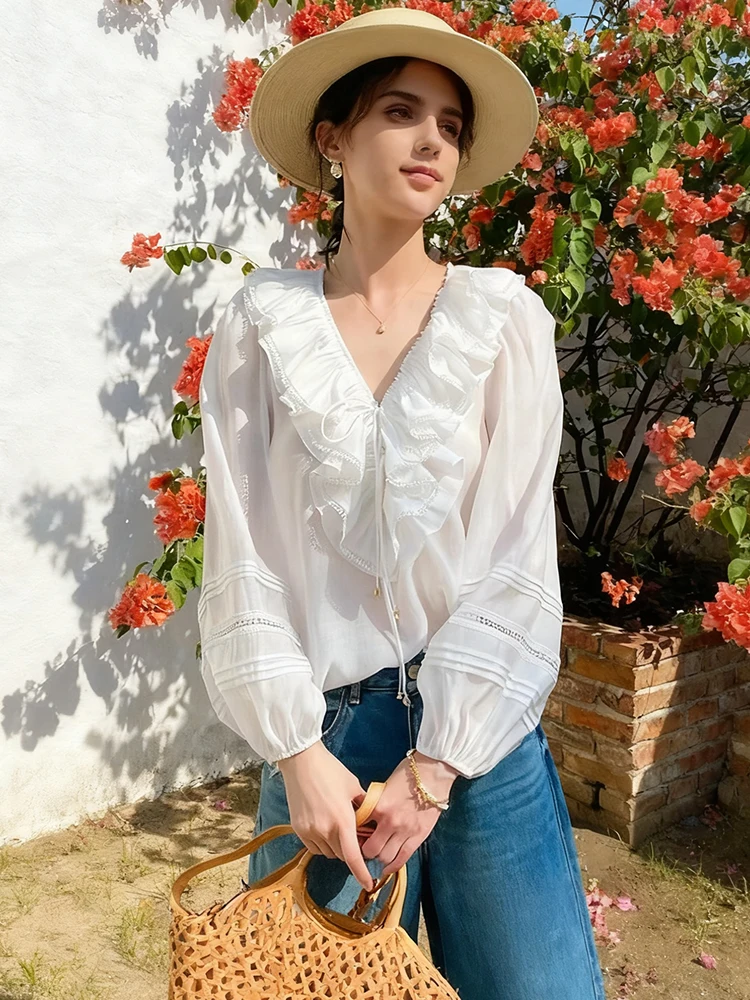 Blusa feminina manga comprida solta fita gravata com decote em v camisa top com alças detalhes para passeios casuais uso diário elegante estilo chique