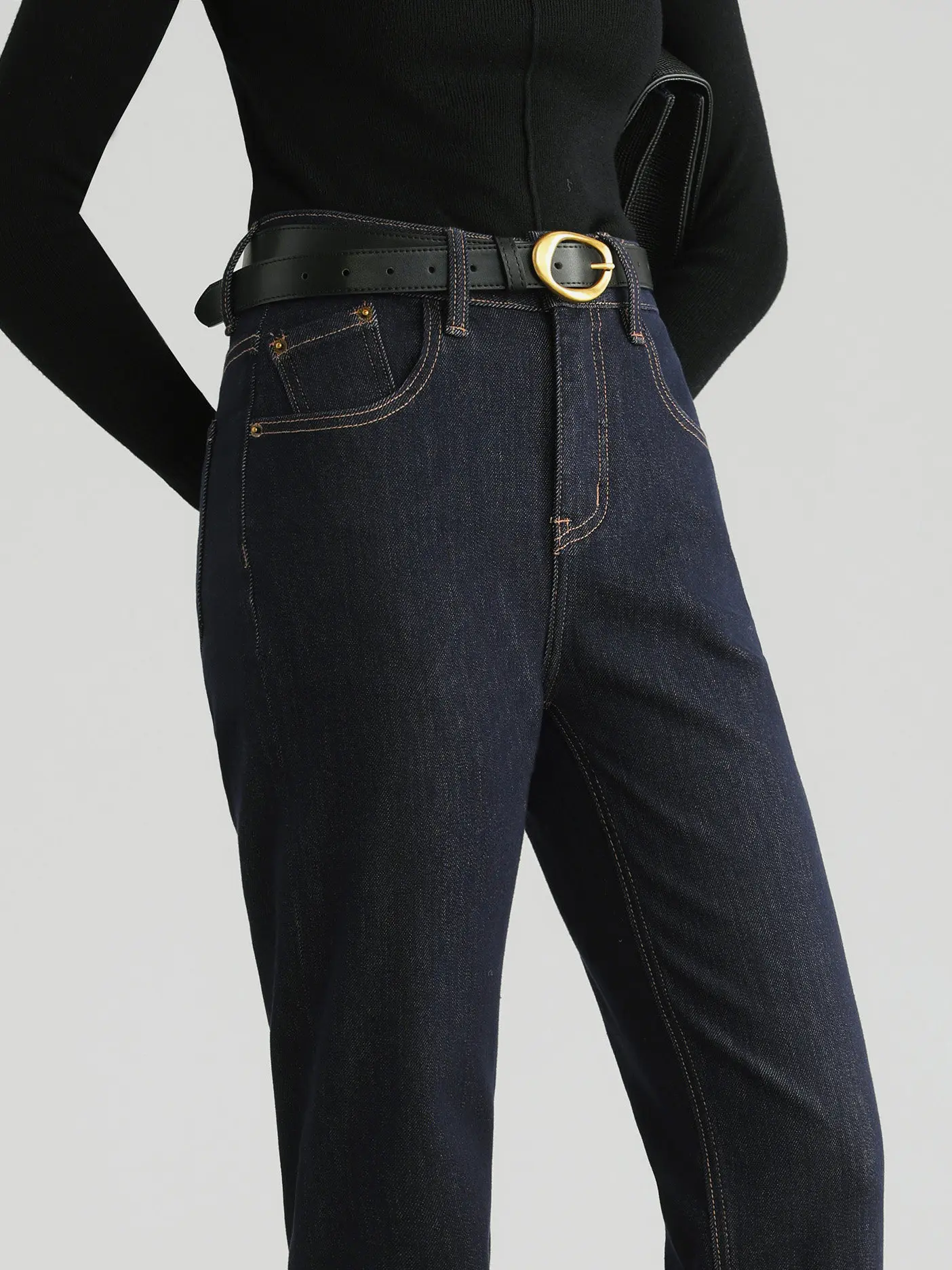 Vintage High Waist Straight Denim Pants Women Retro Stitching Elastic Casual Cropped Jeans Chic Daily Spring Style Lady Outfit