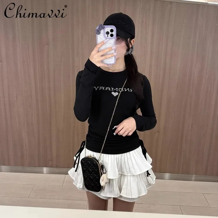 

Japanese Style Chest Print Sweet Slim Fit Tie Pullover T-Shirt Spring New Fashion Simple Long Sleeve Women Y2k Girl Tees Top